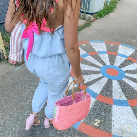 Floral woven Tote with Bamboo Handles - Picture 5 of 8